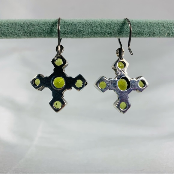 Green bezel cross dangle sterling earrings - Picture 2 of 6